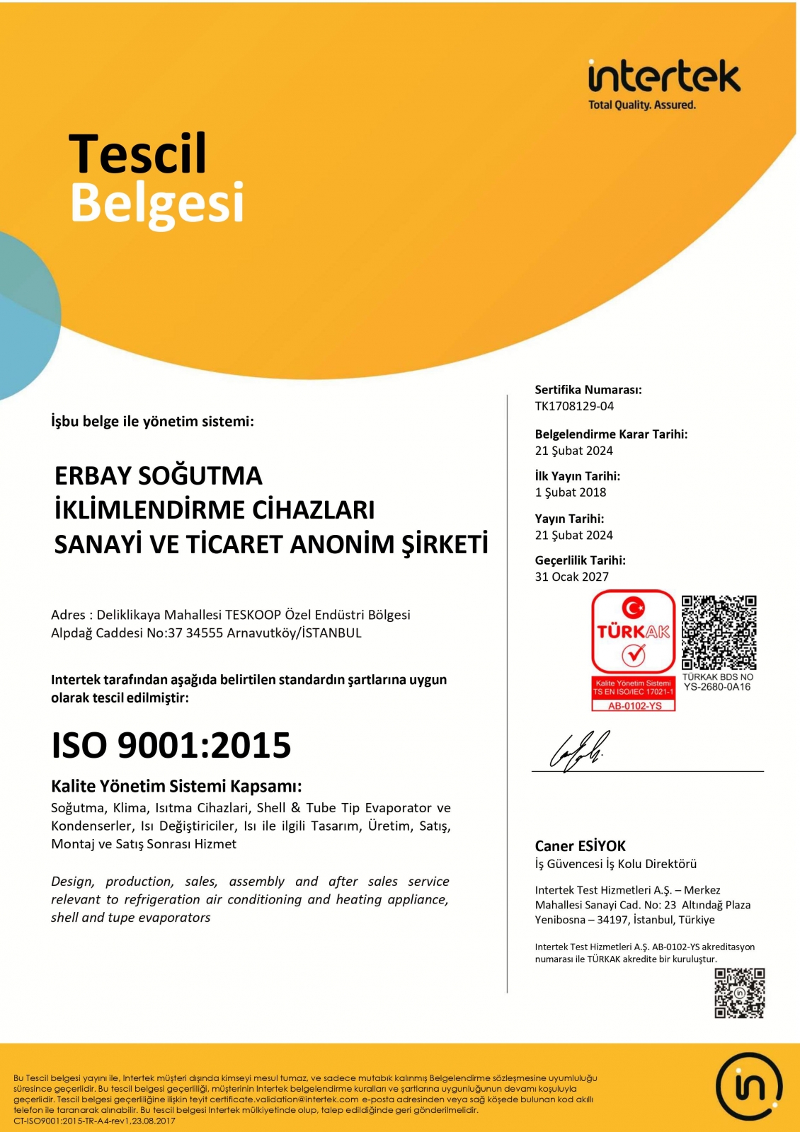ISO 9001:2015 Kalite Yönetim Sistem Sertifikası - Türkçe