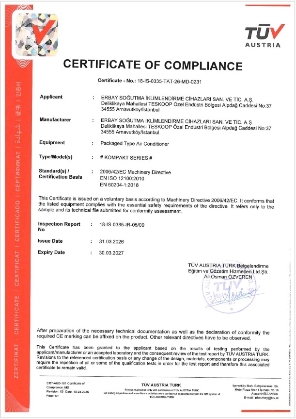 Paket Tip Klima Cihazlarına ait CE Sertifikası