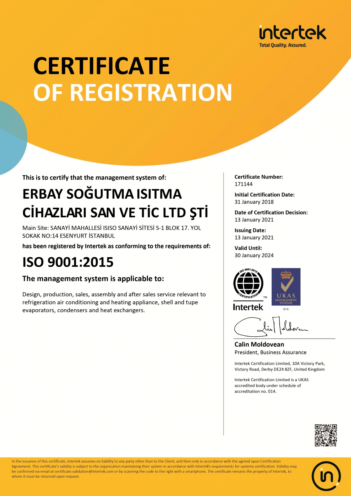ISO 9001:2015 Kalite Yönetim Sistem Sertifikası – İngilizce