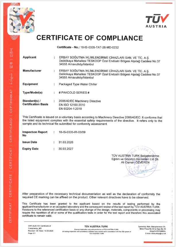 Paket Tip Soğuk Su Üretici Gruplara ait CE Sertifikası
