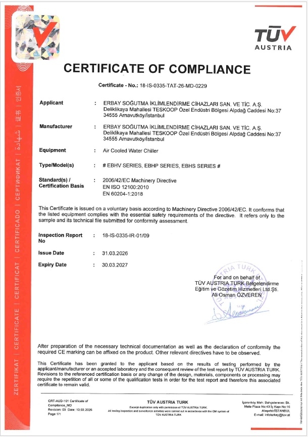 Hava Soğutmalı Kondenserli Soğuk Su Üretici Gruplara ait CE Sertifikası