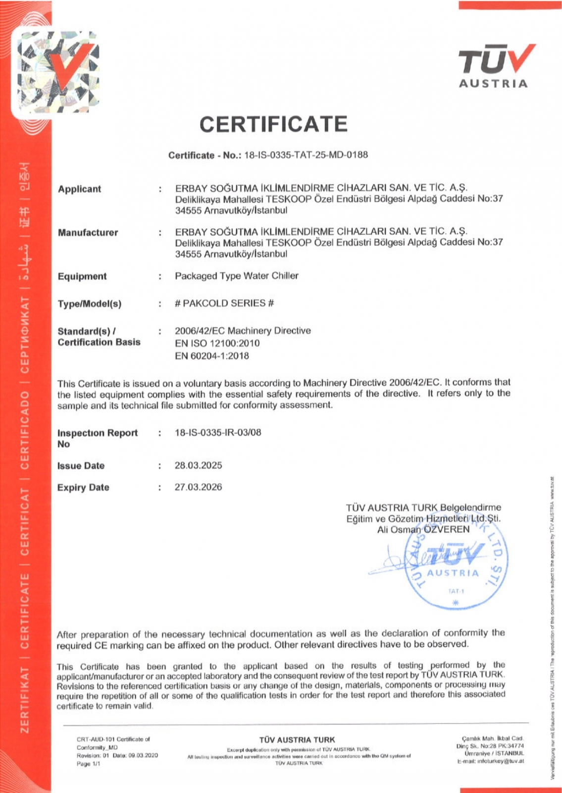 Paket Tip Soğuk Su Üretici Gruplara ait CE Sertifikası