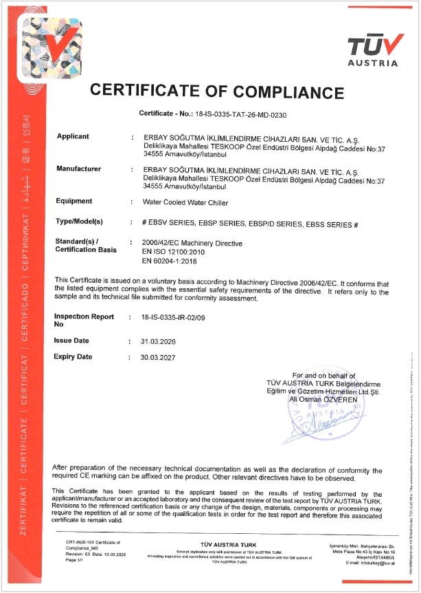 Su / Deniz Suyu Kondenserli Soğuk Su Üretici Gruplara ait CE Sertifikası